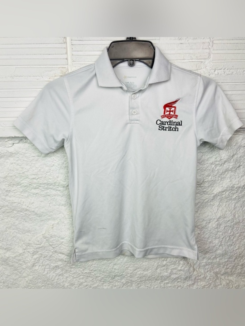 Cardinal Stritch private Catholic school Kids White Polo with Red Crest S L & XL